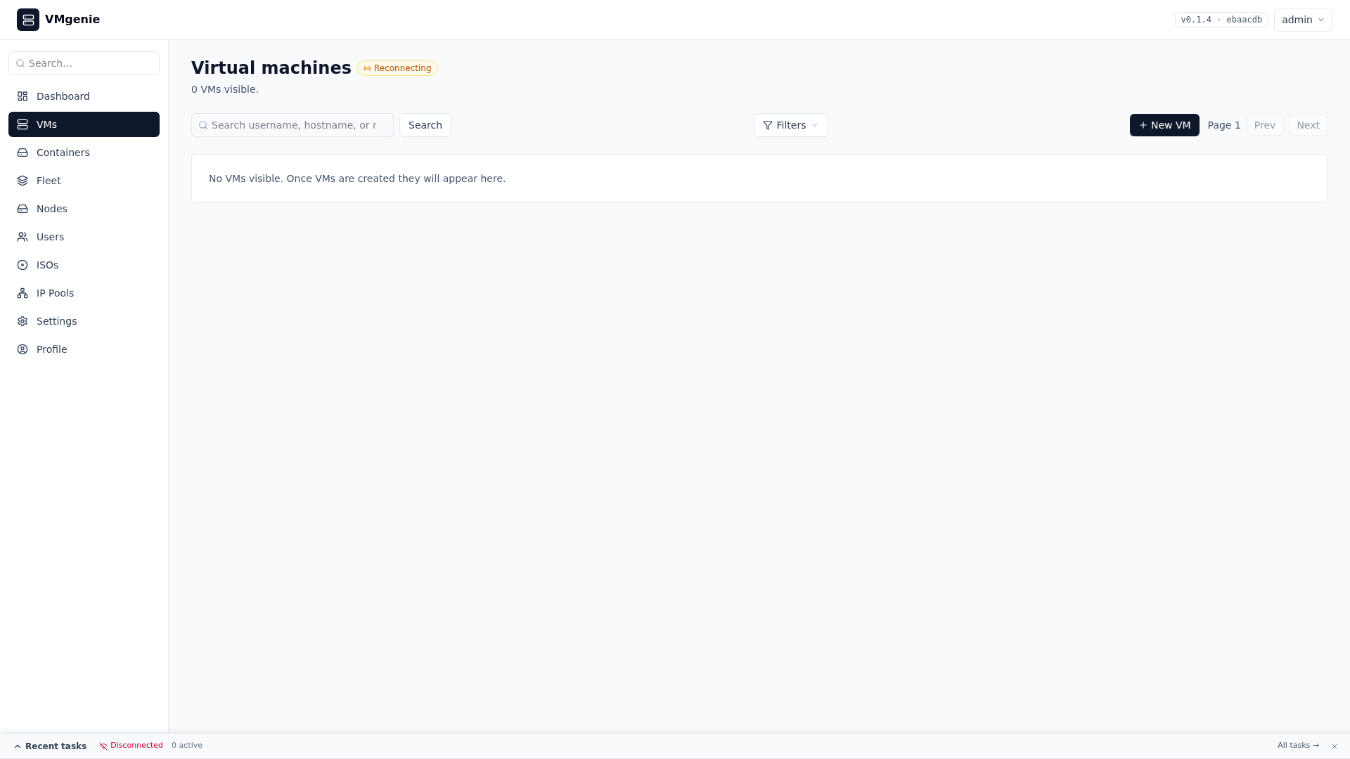 The virtual servers list in VMgenie, with status, node, addresses and actions for each server.